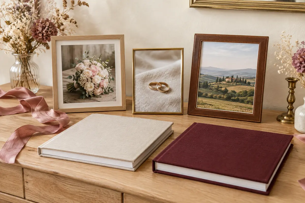 Cadres photo de mariage et albums reliés réunis sur une console en bois clair