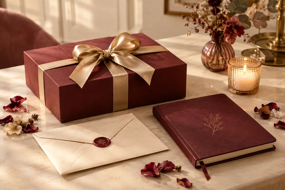Coffret cadeau et carnet de voyage disposés sur une table ivoire