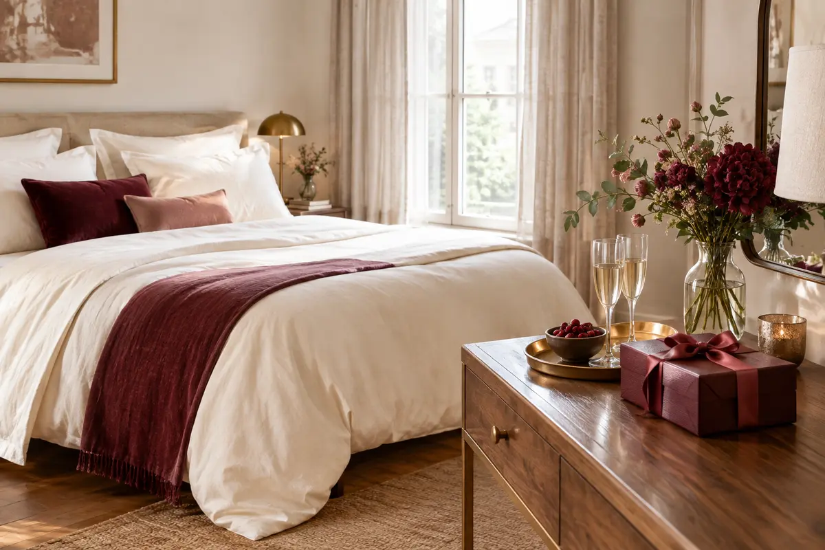 Chambre lumineuse aux draps ivoire préparée pour une escapade à deux
