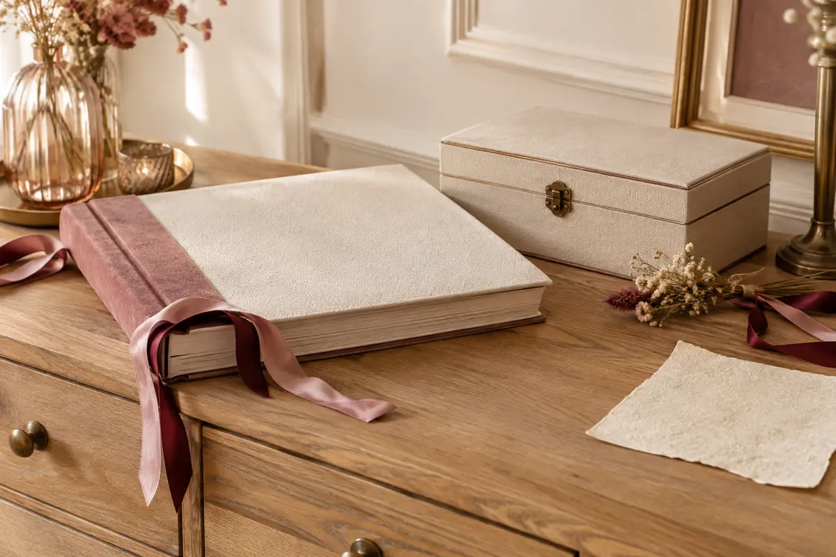 Livre d’or relié et boîte à souvenirs posés sur une commode en bois clair