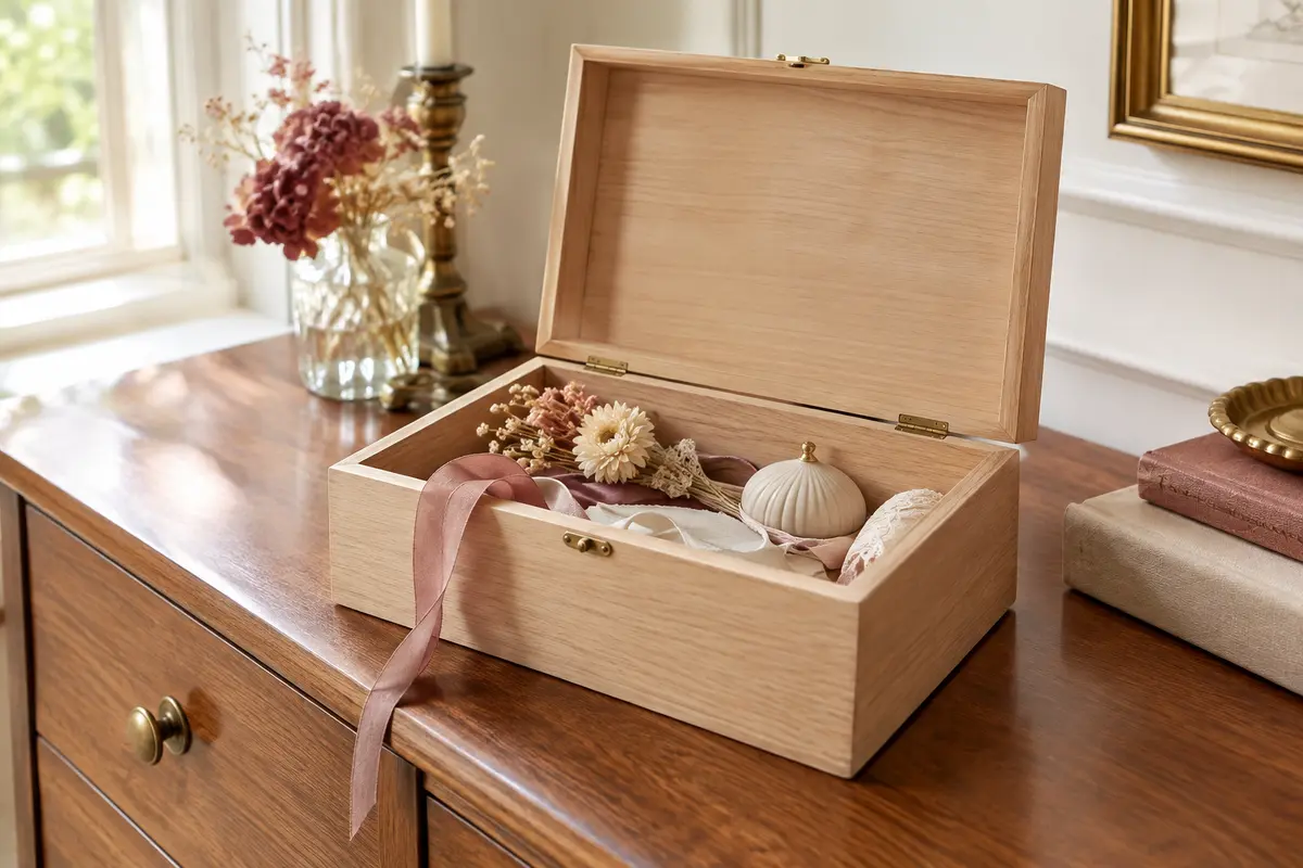 Boîte à souvenirs en bois clair ouverte avec rubans et fleur séchée
