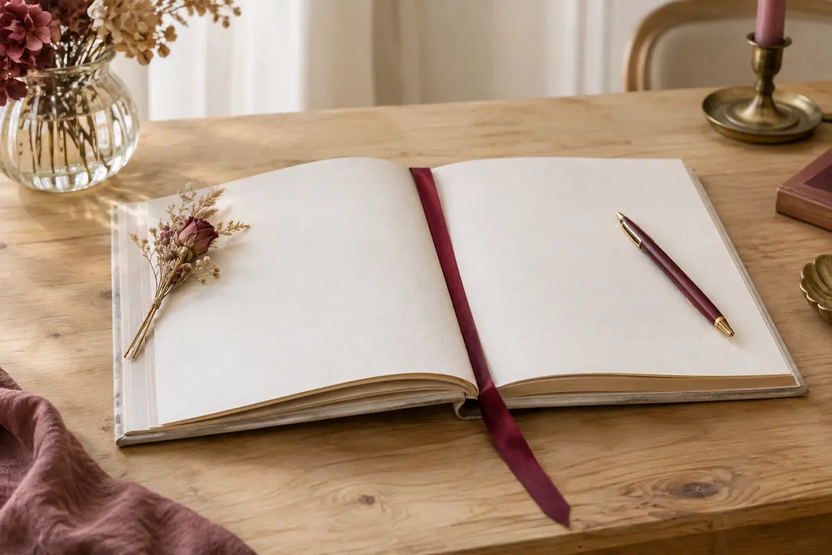 Livre d’or relié ouvert sur des pages vierges avec un stylo élégant