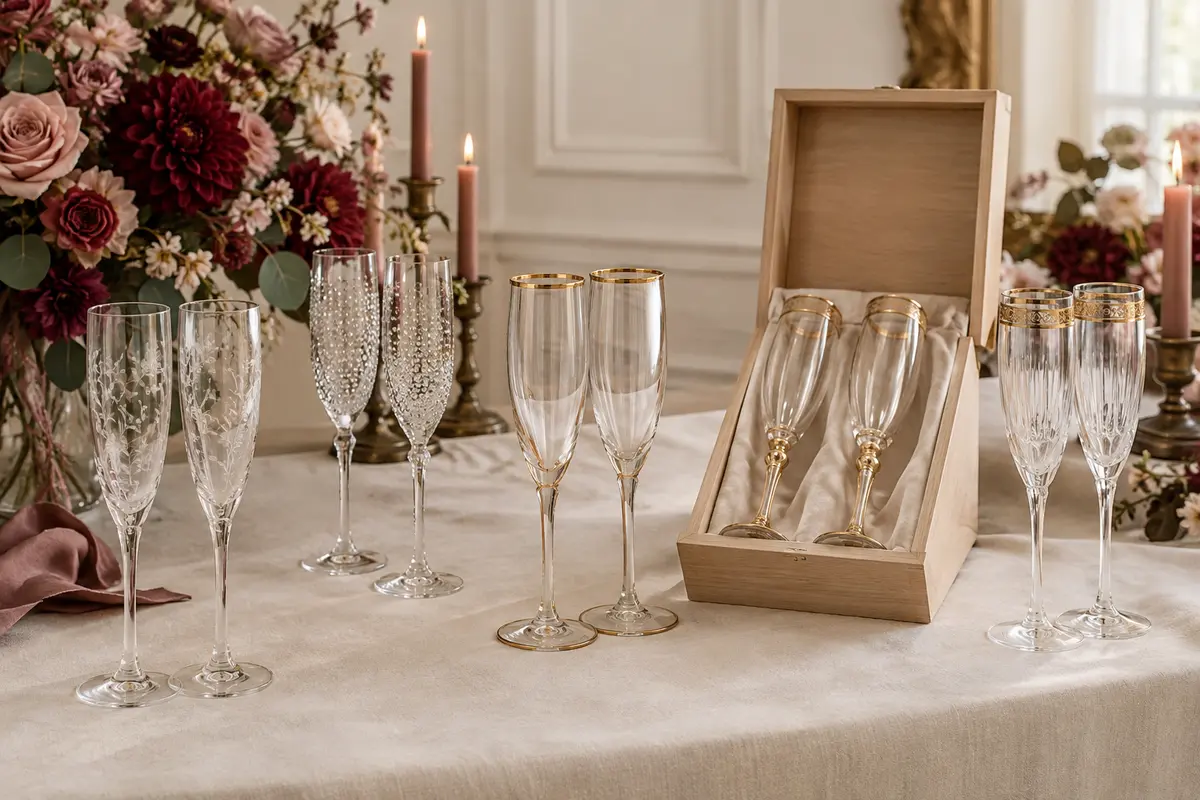 Paires de flûtes à champagne gravées, à strass ou à liseré doré sur une table de réception ivoire
