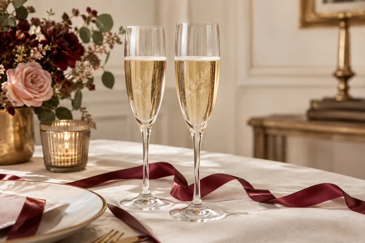 Paire de flûtes à champagne transparentes présentées sur une nappe ivoire