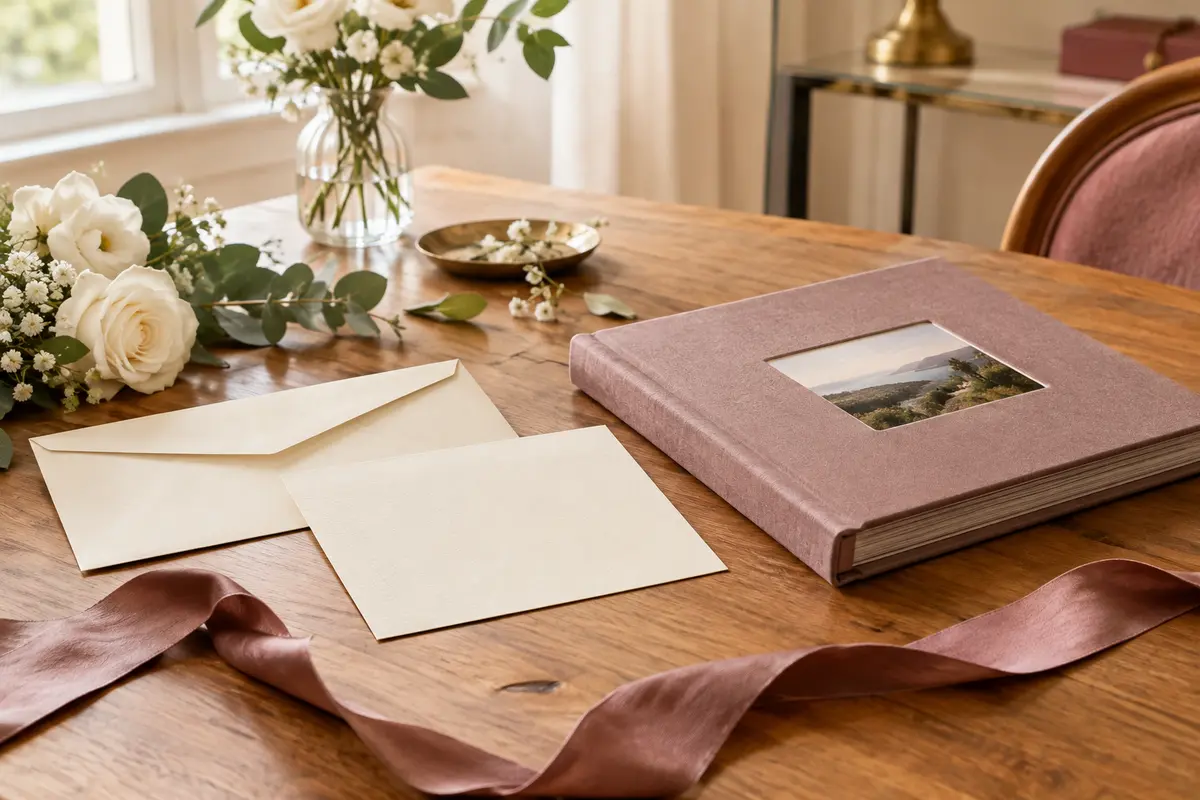 Carte vierge, enveloppe et album photo préparés pour un cadeau de mariage sobre et attentionné