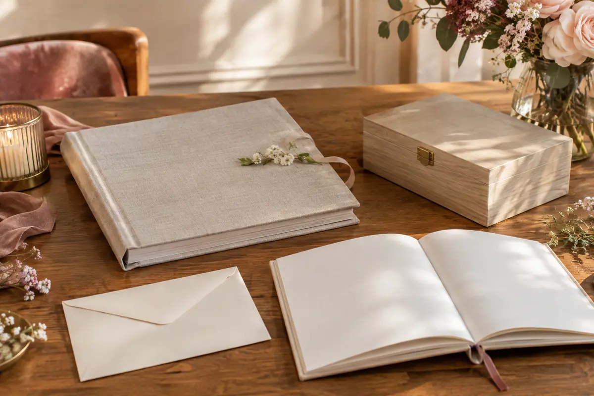 Album photo, boîte à souvenirs et enveloppe réunis sur une table pour un cadeau collectif de mariage.