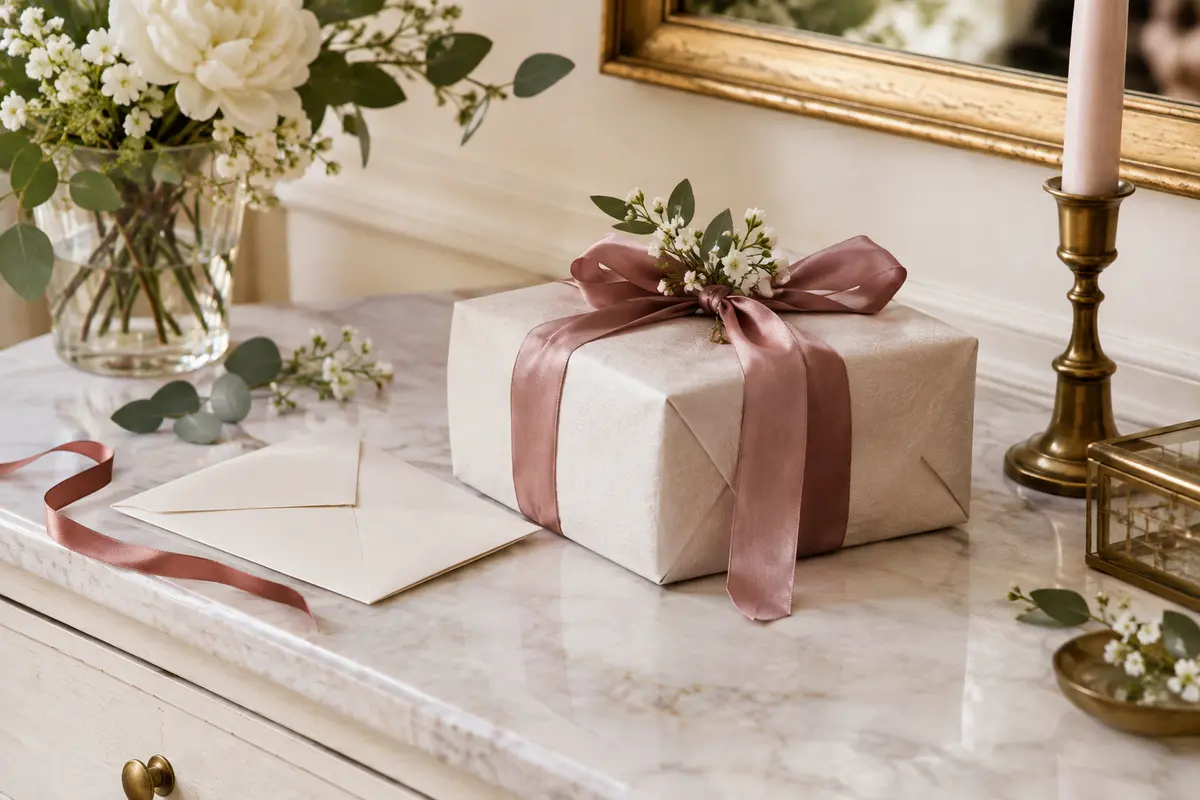 Cadeau de mariage emballé avec une enveloppe, prêt à être envoyé aux mariés
