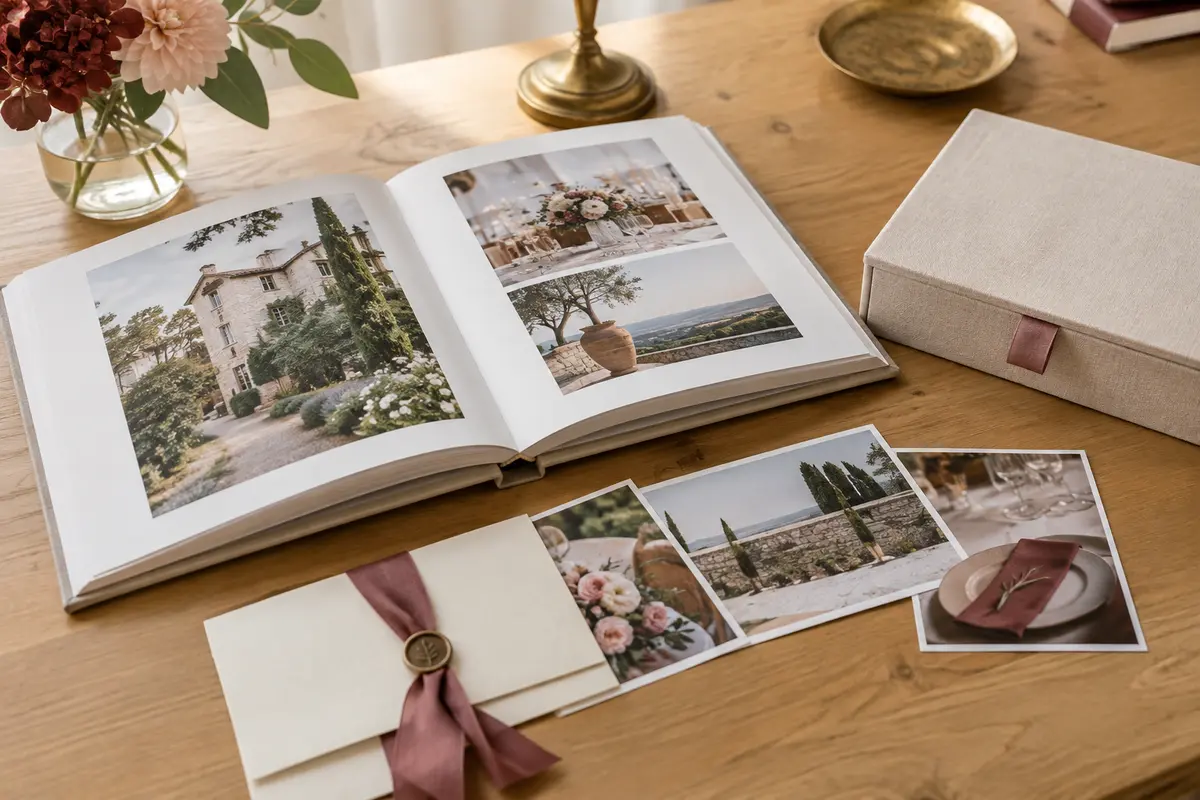 Album photo ouvert et boîte à souvenirs sobre posés sur une table pour évoquer un cadeau de mariage sentimental