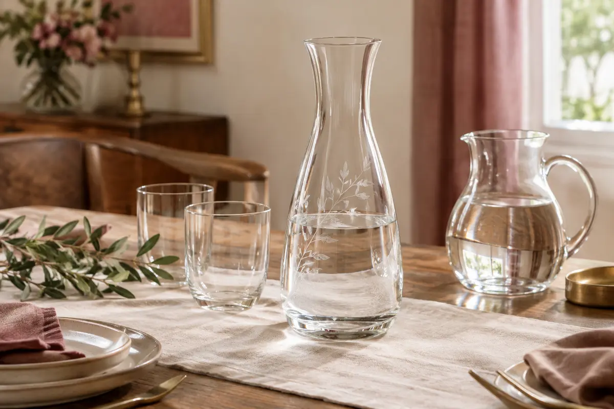 Carafe en verre gravée sur une table sobre, avec des verres et une branche décorative