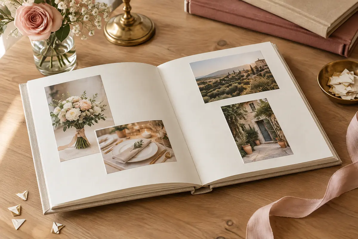 Album de mariage ouvert avec des tirages de tailles variées et des pages blanches prêtes à personnaliser