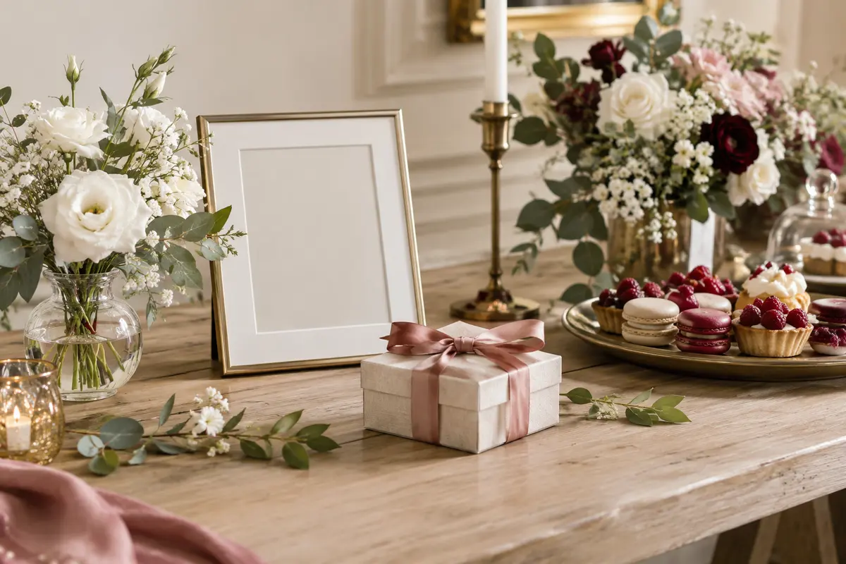 Cadre sobre, boîte à souvenirs et gourmandises présentés sur une table claire pour un mariage