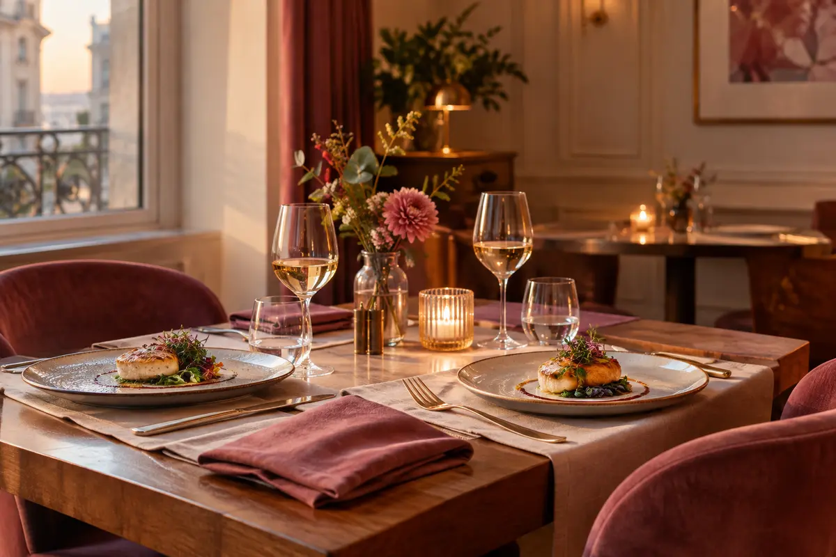 Table élégamment dressée pour un dîner gastronomique à deux, avec assiettes raffinées et lumière chaleureuse.