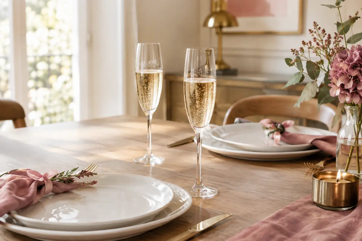 Deux flûtes à champagne gravées près d’assiettes sobres sur une table élégante
