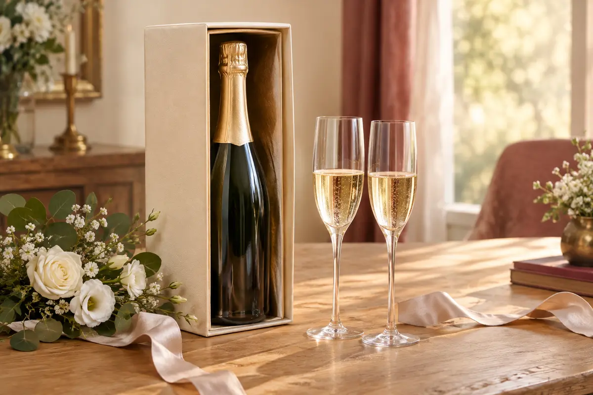 Coffret de champagne fermé accompagné de deux flûtes sobres et de fleurs blanches sur une table.