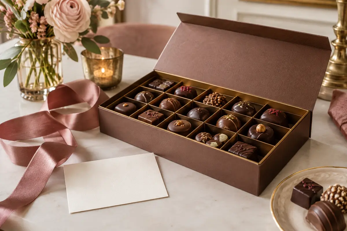 Coffret ouvert de chocolats variés, présenté avec un ruban sobre comme cadeau de mariage.