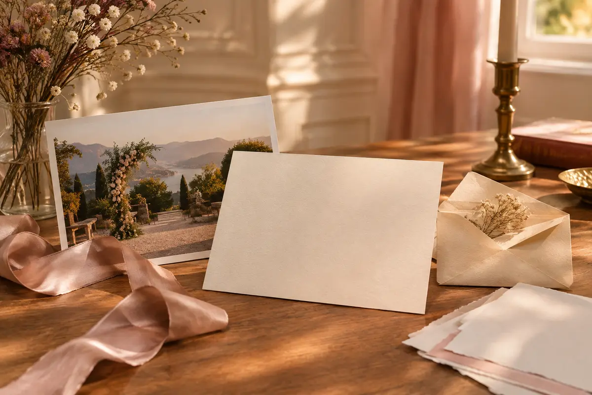 Boîte en bois ouverte avec une photo, des cartes, un ruban et une fleur séchée conservés après un mariage