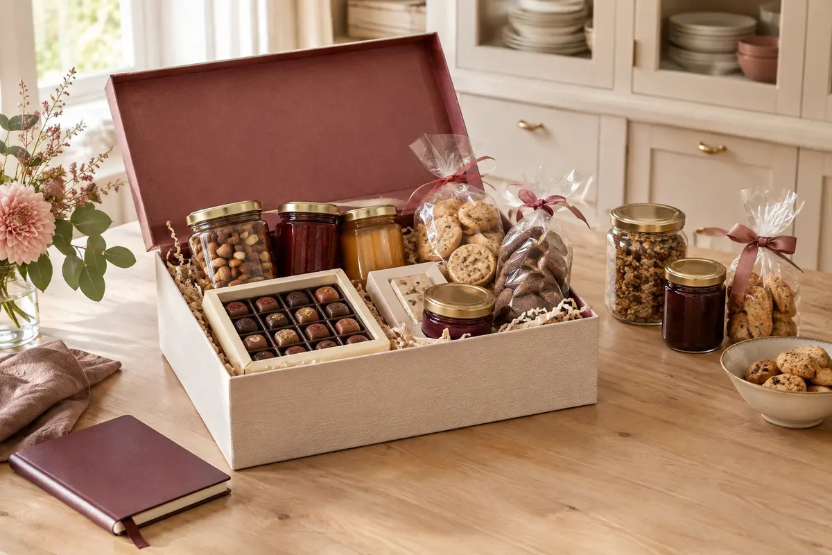 Coffret gourmand de mariage ouvert, avec produits emballés et rangés pour leur conservation