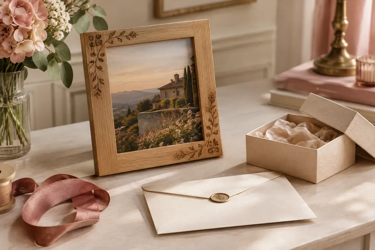 Cadre photo personnalisé et emballage préparés pour un cadeau de mariage à livrer avant la cérémonie