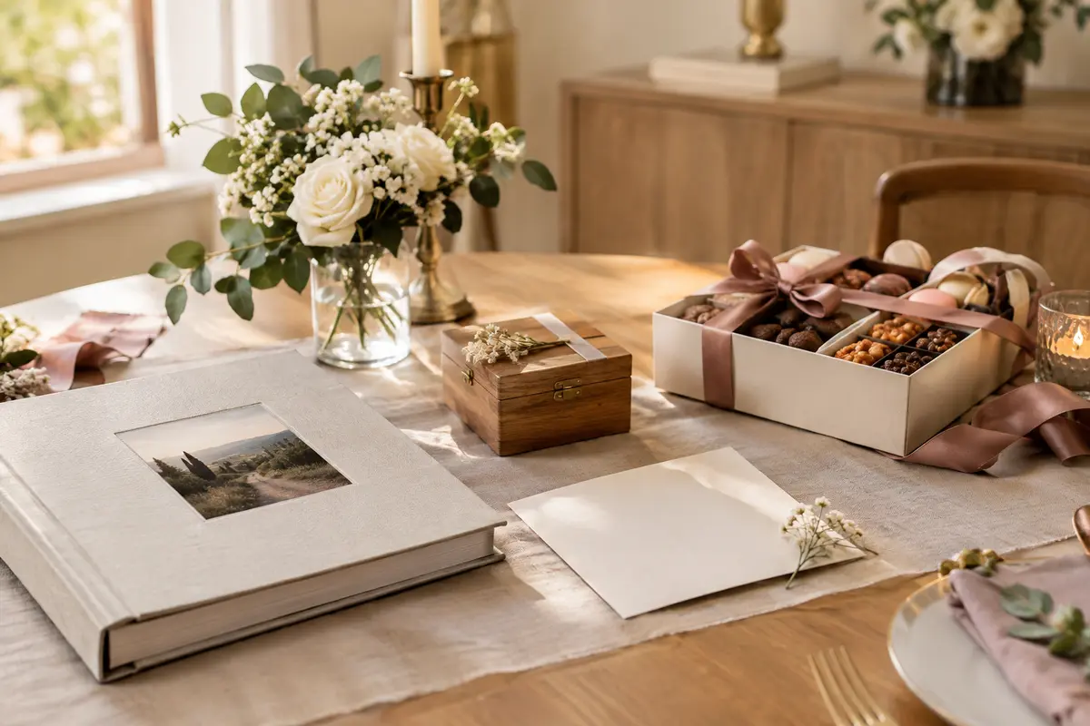 Album photo, boîte à souvenirs et coffret gourmand réunis sur une table pour un cadeau de mariage