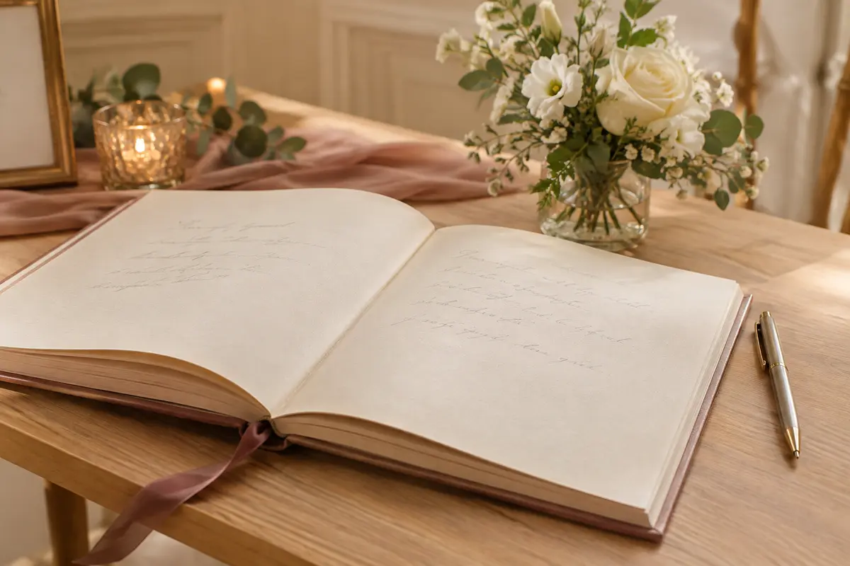 Livre d’or de mariage ouvert avec un stylo posé sur une table décorée sobrement
