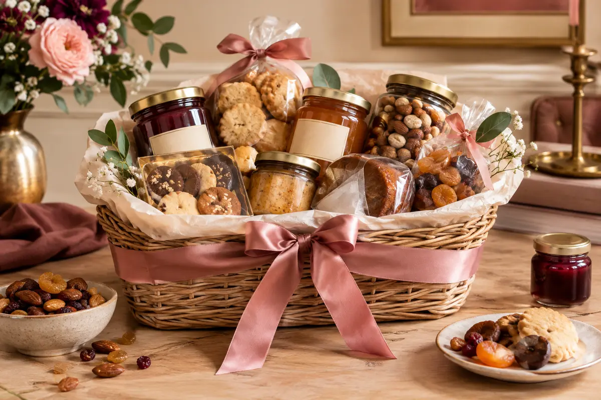 Panier gourmand de mariage composé de spécialités sucrées et salées à partager à deux.