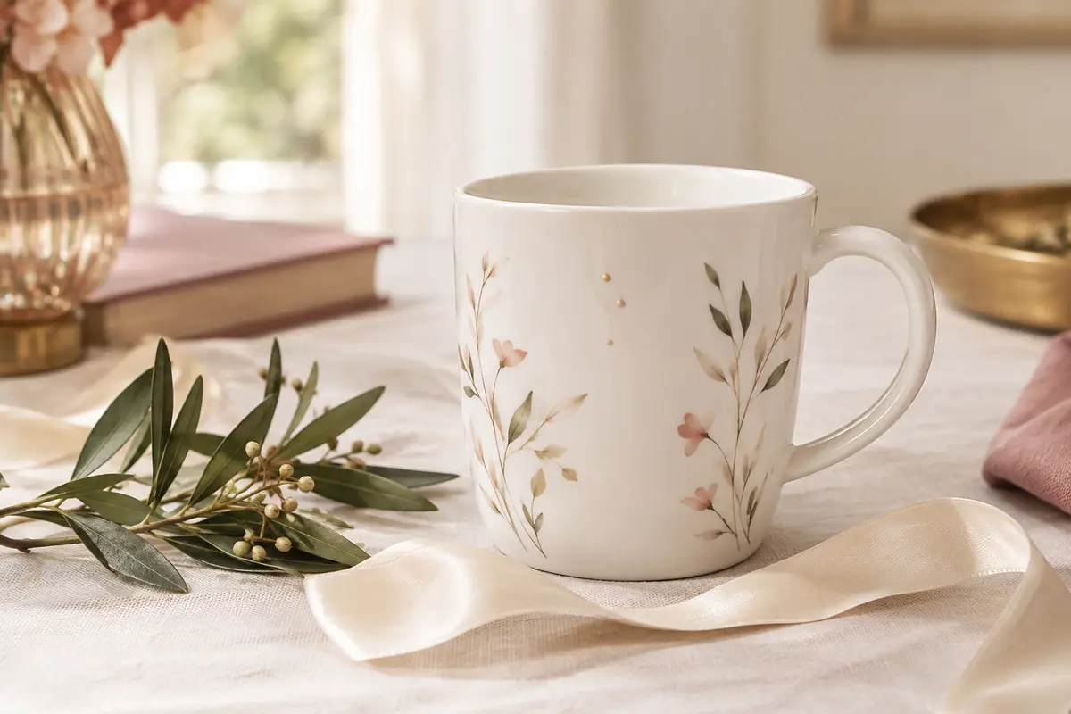 Mug blanc sobre décoré d’un petit rameau végétal, posé sur une table claire dans une ambiance de mariage.
