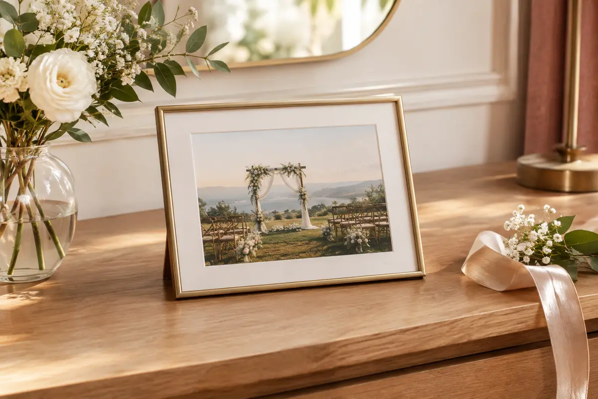 Cadre photo élégant dans un intérieur lumineux, entouré de fleurs sobres et d’un ruban de cadeau
