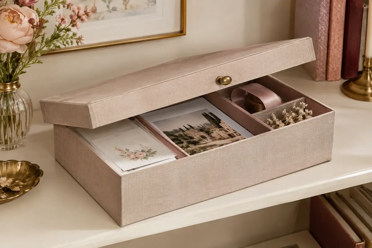 Boîte à souvenirs de mariage rangée sur une étagère sèche, avec cartes, photo et ruban protégés
