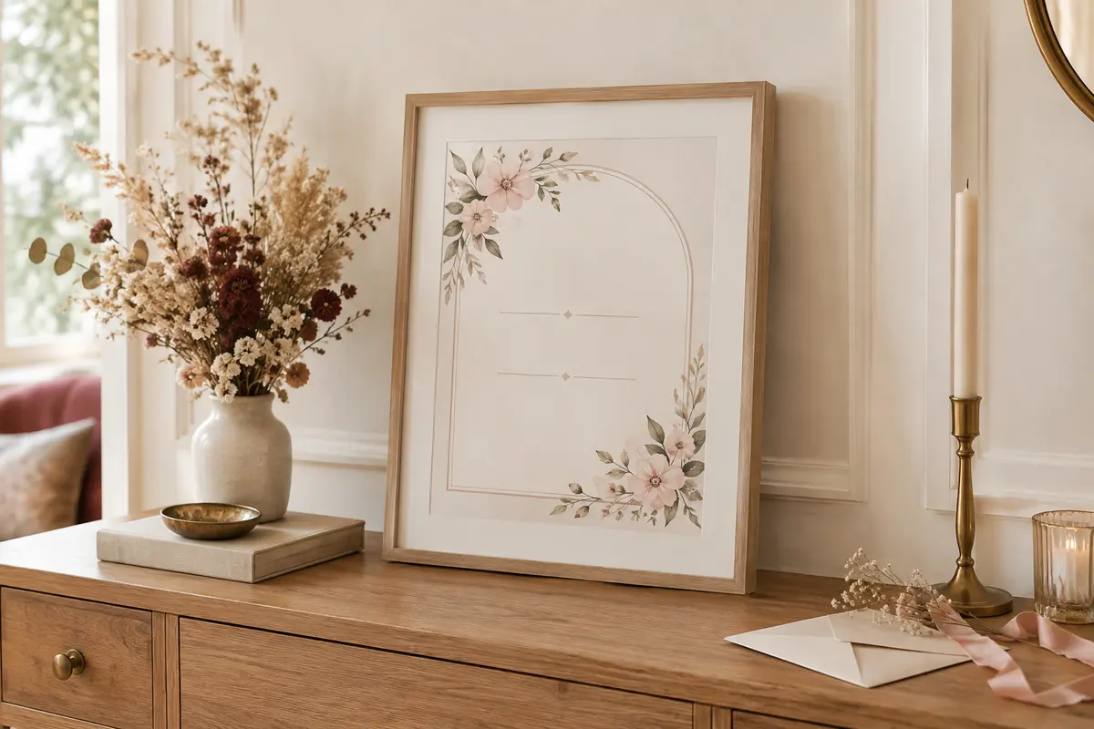 Affiche de mariage encadrée dans un intérieur lumineux, avec une composition sobre et des fleurs séchées