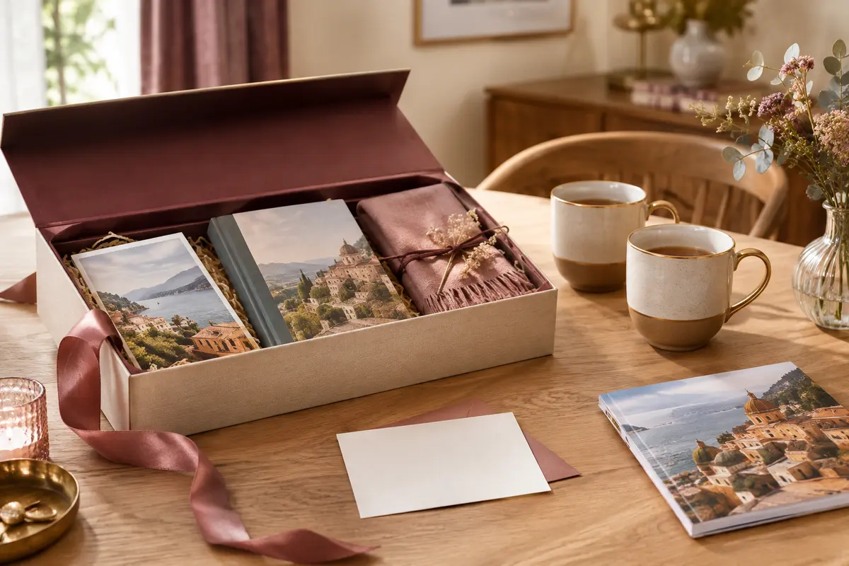 Coffret de séjour posé près d’une carte vierge et d’un guide de voyage sur une table lumineuse