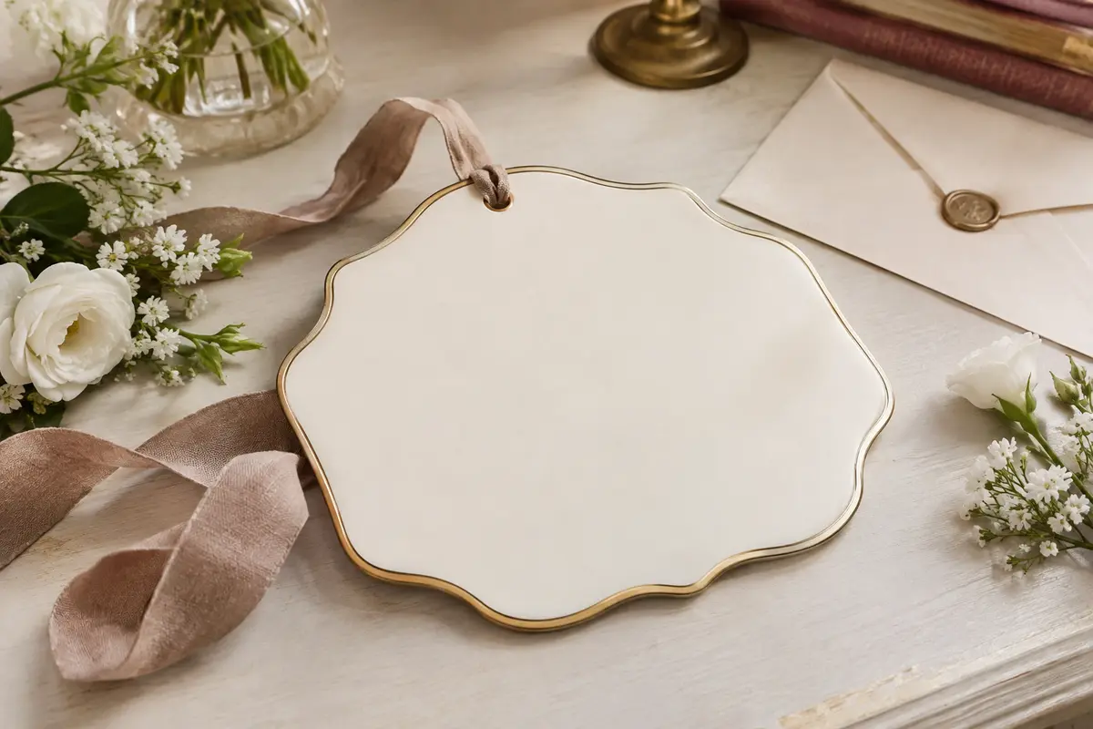 Plaque décorative vierge posée sur une table avec un ruban de lin et des fleurs blanches