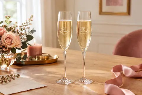 Deux flûtes à champagne personnalisées avec gravure givrée d’alliances, posées sur une table en bois clair.