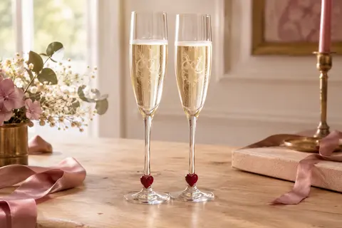 Deux flûtes en verre avec cœurs rouges au pied et gravure d’anneaux entrelacés