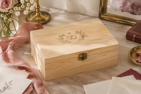 Boîte à souvenirs de mariage en bois de pin posée sur une commode dans un intérieur lumineux