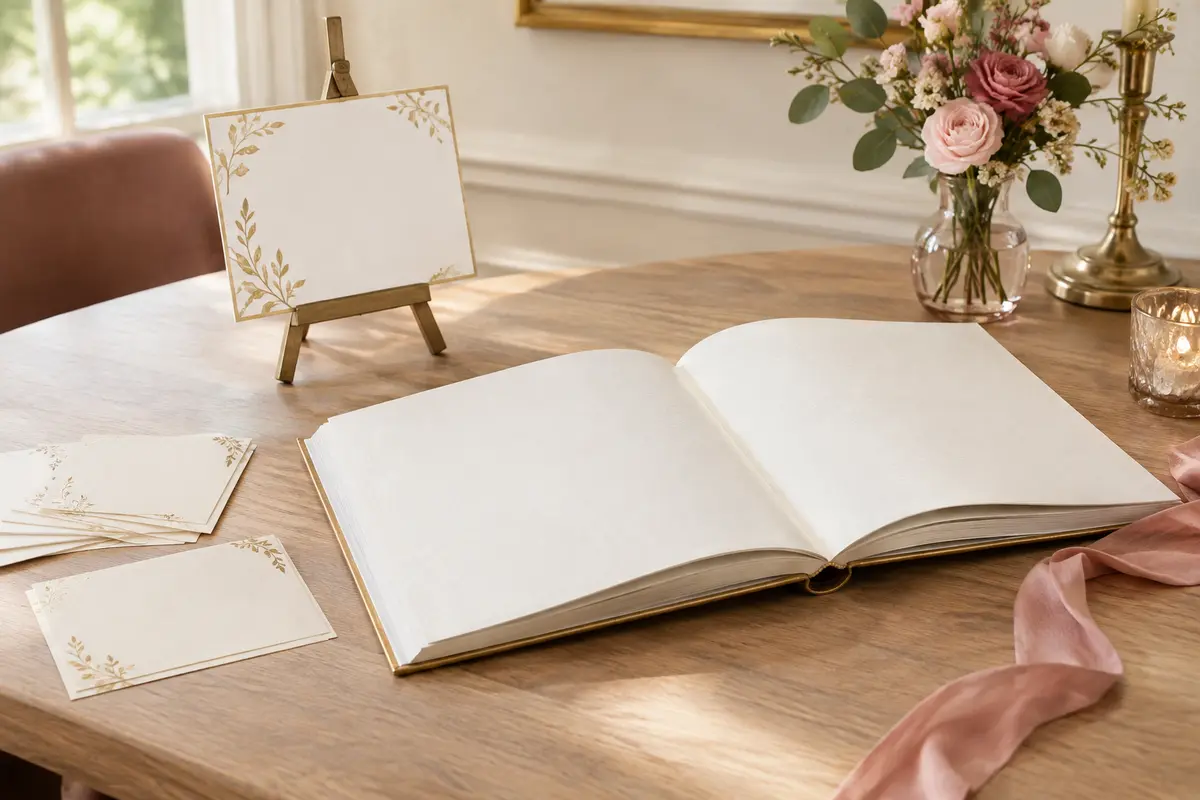 Livre d’or de mariage carré ouvert, couverture rigide blanc et doré, avec chevalet et cartes coordonnés.