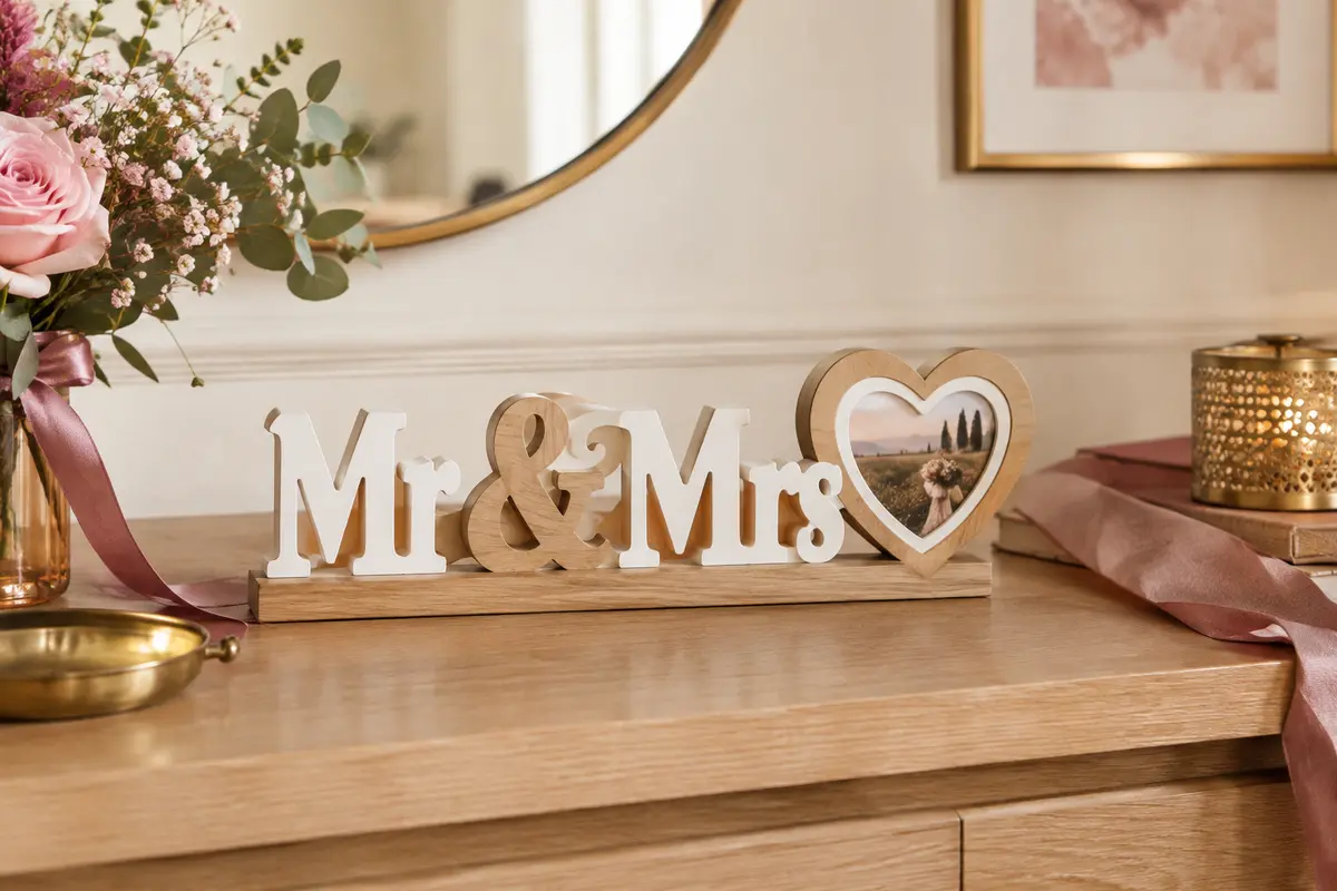 Décoration de mariage en bois blanc et naturel avec lettres Mr & Mrs et cadre photo cœur.