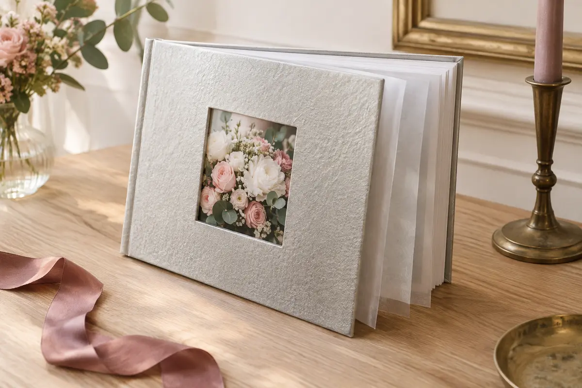 Album de mariage argenté avec fenêtre photo, pages blanches et intercalaires en pergamin