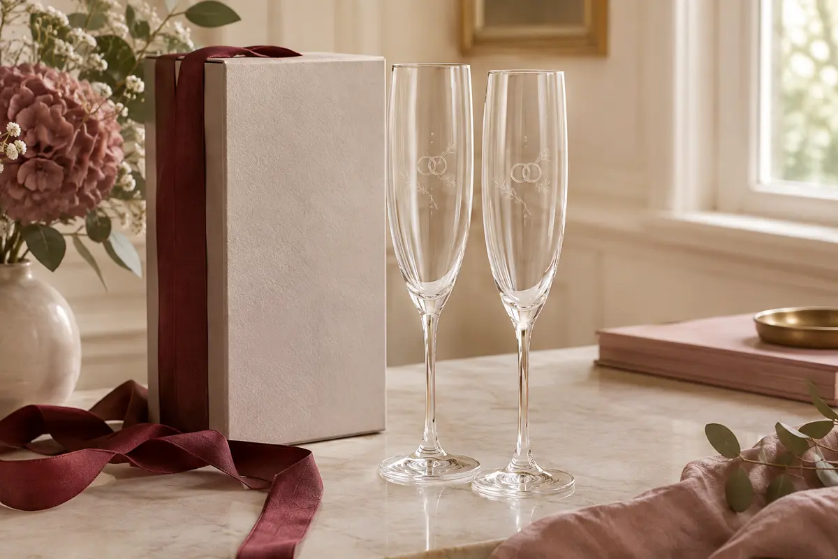 Deux flûtes à champagne gravées d’alliances, présentées dans un coffret cartonné sur une table claire.