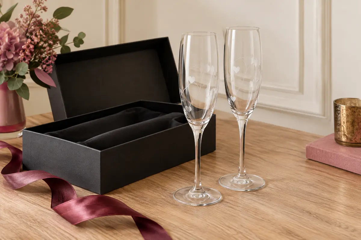Deux flûtes à champagne en verre gravées de cœurs, posées avec leur coffret cartonné noir.