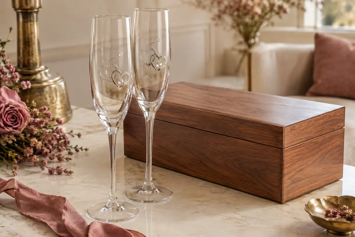 Deux flûtes à champagne ornées de cœurs et de strass près d’un coffret en bois