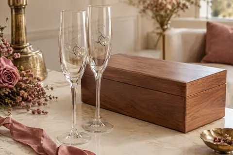 Deux flûtes à champagne ornées de cœurs et de strass près d’un coffret en bois