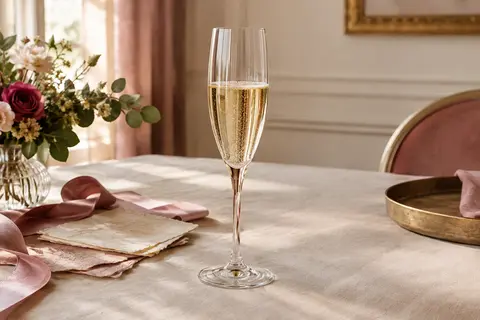 Flûte à champagne en verre transparent posée sur une table de réception aux tons ivoire et vieux rose.
