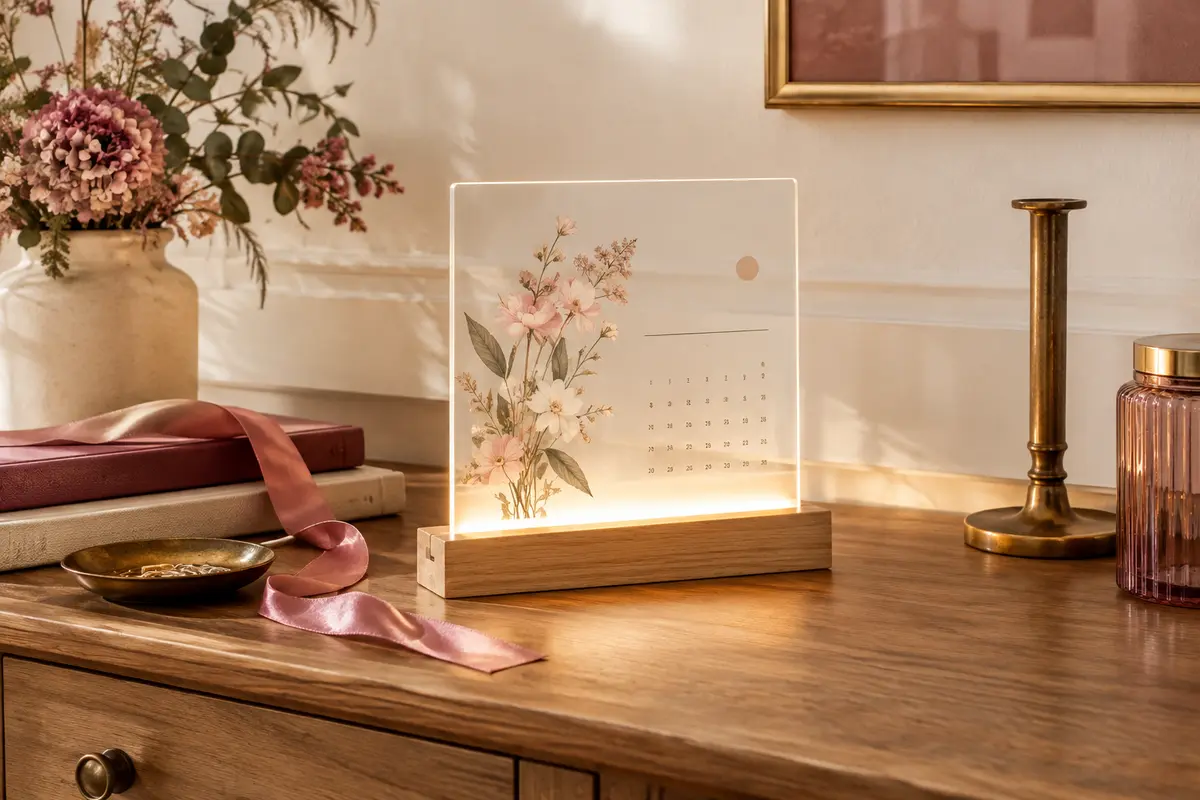Cadre photo personnalisé en acrylique sur une base LED en bois, posé dans un intérieur lumineux et chaleureux.