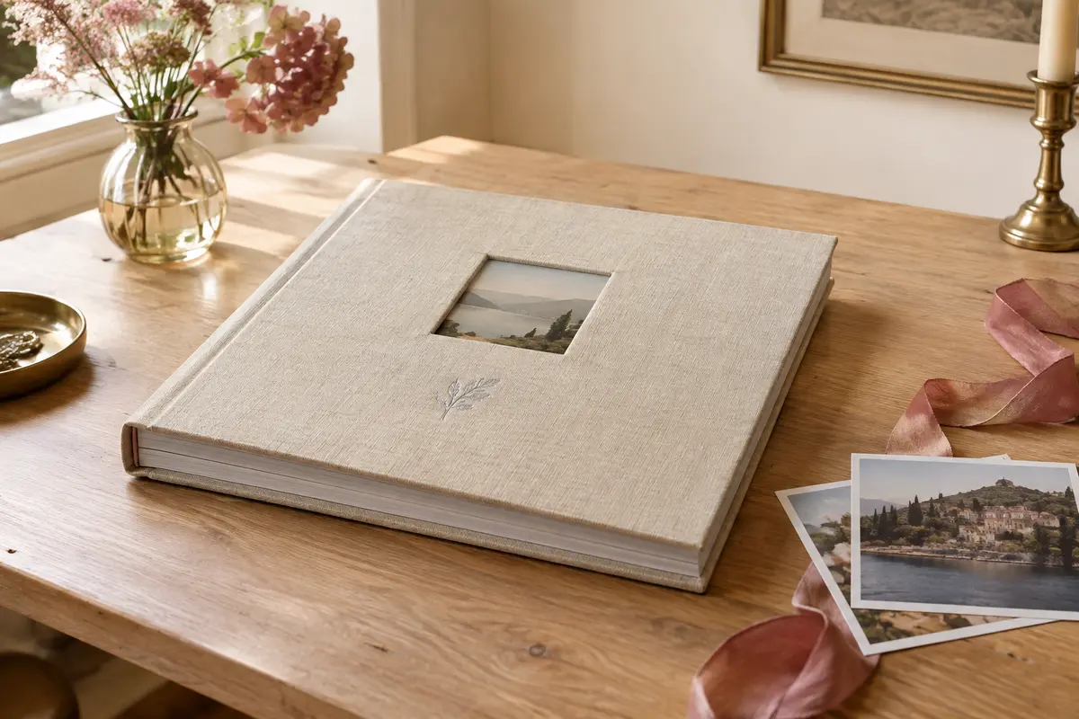 Album de mariage à couverture en lin beige posé sur une table en bois, près de tirages photo et d’un ruban.
