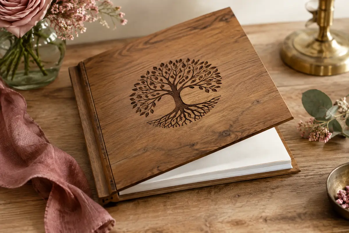 Livre d’or de mariage en bois gravé d’un Arbre de Vie, posé ouvert sur une table décorée.