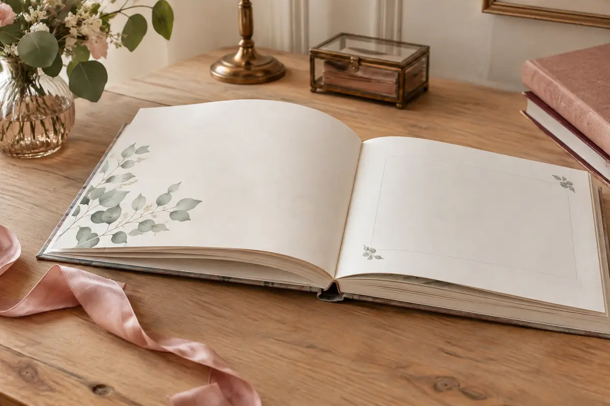 Livre d’or de mariage à couverture rigide avec motif d’eucalyptus, ouvert sur une table claire