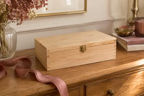 Boîte à souvenirs en bois naturel avec couvercle et fermoir doré, posée dans un intérieur chaleureux.