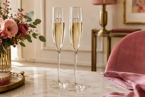 Deux flûtes à champagne en verre transparent ornées d’un cœur en strass argenté sur une table de fête