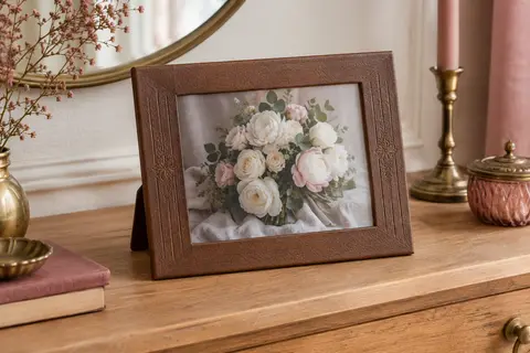Cadre photo en cuir synthétique marron à bandeaux gravés, présentant un bouquet de roses blanches, posé sur une console en bois clair.
