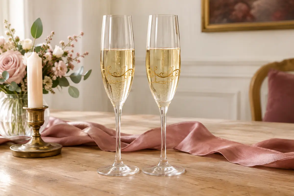 Deux flûtes à champagne en cristal ornées d’un décor doré en volutes, posées sur une table en bois clair.